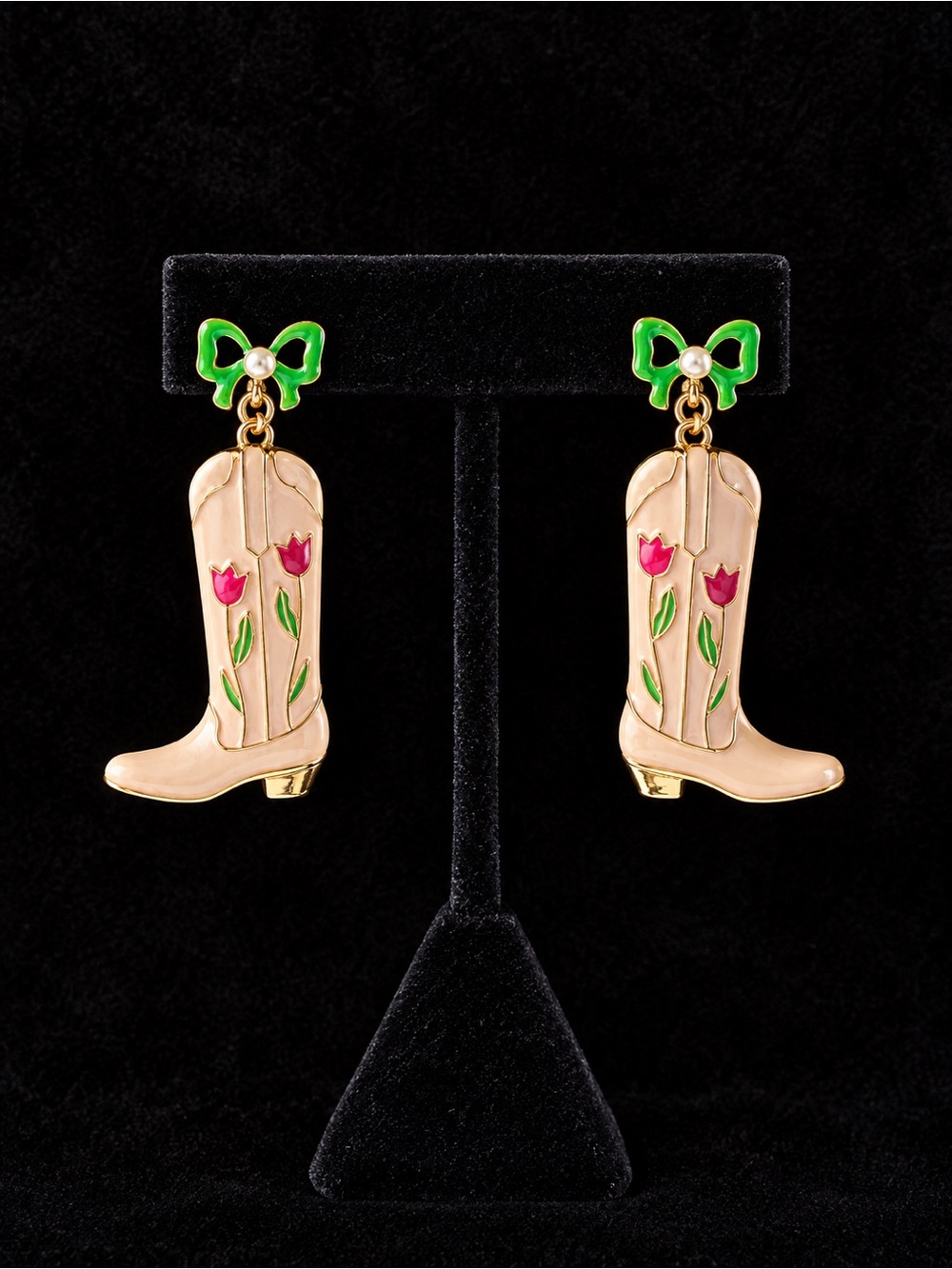 Cowgirl Boot Drop Earrings in White with Green Bow and Pink Tulips on Gold